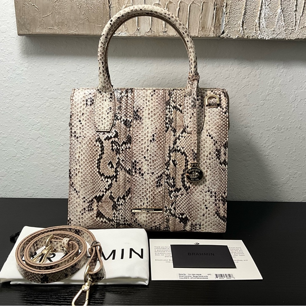 Brahmin Small Caroline BEIGE SANDCASTLE Snake Print Leather Satchel Crossbody